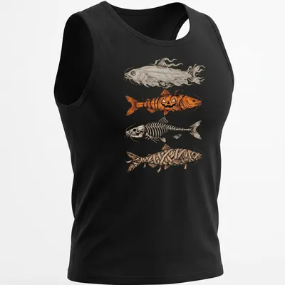 Illustrative Halloween fish characters including a mummy skeleton and pumpkin — printed on a tank top