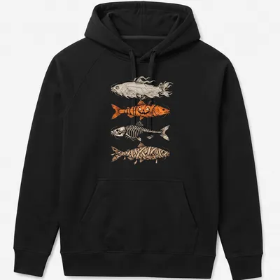 Illustrative Halloween fish characters including a mummy skeleton and pumpkin — printed on a unisex hoodie
