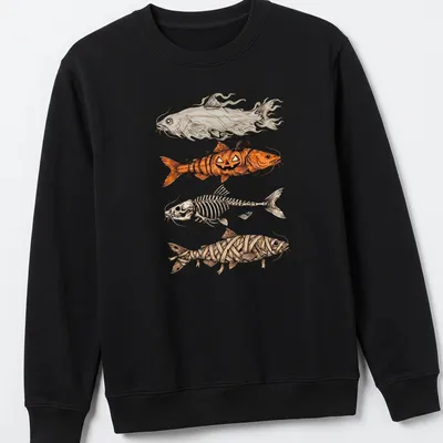 Illustrative Halloween fish characters including a mummy skeleton and pumpkin — printed on a unisex sweatshirt