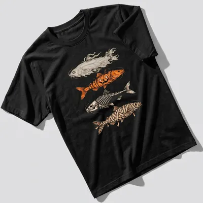 Illustrative Halloween fish characters including a mummy skeleton and pumpkin — printed on a unisex t-shirt
