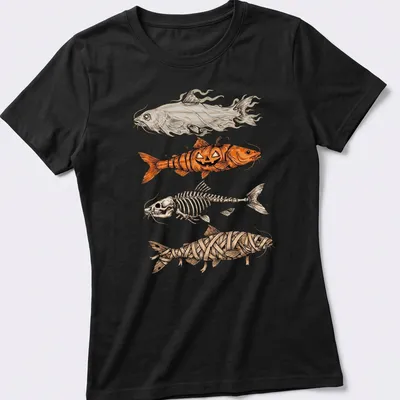 Illustrative Halloween fish characters including a mummy skeleton and pumpkin — printed on a women's shirt