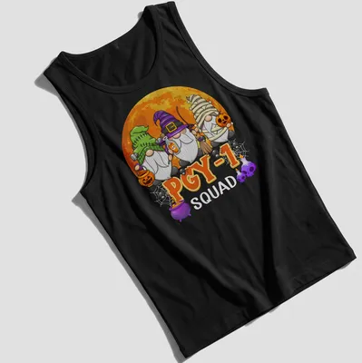 Cartoon Halloween gnomes with the text 'PGY 1' in bright colors — printed on a tank top