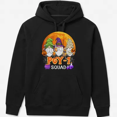 Cartoon Halloween gnomes with the text 'PGY 1' in bright colors — printed on a unisex hoodie