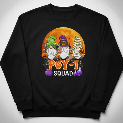 Cartoon Halloween gnomes with the text 'PGY 1' in bright colors — printed on a unisex sweatshirt