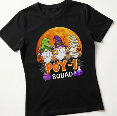 Cartoon Halloween gnomes with the text 'PGY 1' in bright colors — printed on a women's shirt