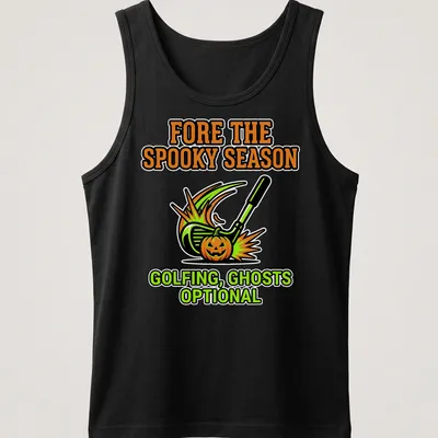 Cartoon t-shirt depicting a golf club and pumpkin with playful Halloween text — printed on a tank top