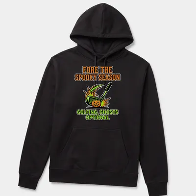 Cartoon t-shirt depicting a golf club and pumpkin with playful Halloween text — printed on a unisex hoodie