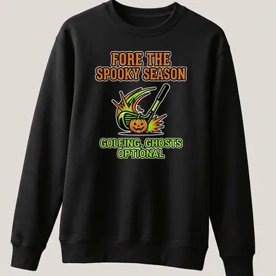 Cartoon t-shirt depicting a golf club and pumpkin with playful Halloween text — printed on a unisex sweatshirt