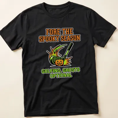 Cartoon t-shirt depicting a golf club and pumpkin with playful Halloween text