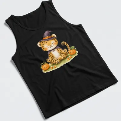 Kawaii illustration of a jaguar cat wearing a witch's hat for Halloween — printed on a tank top
