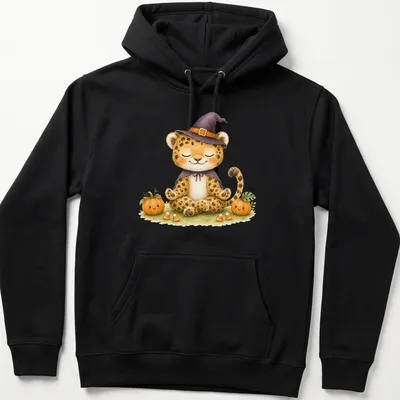 Kawaii illustration of a jaguar cat wearing a witch's hat for Halloween — printed on a unisex hoodie