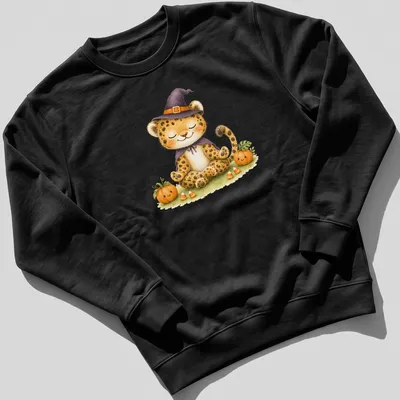 Kawaii illustration of a jaguar cat wearing a witch's hat for Halloween — printed on a unisex sweatshirt