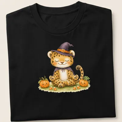 Kawaii illustration of a jaguar cat wearing a witch's hat for Halloween