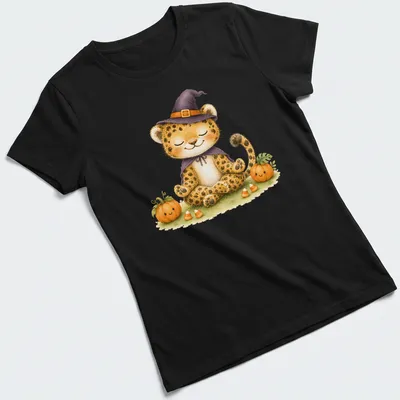 Kawaii illustration of a jaguar cat wearing a witch's hat for Halloween — printed on a women's shirt