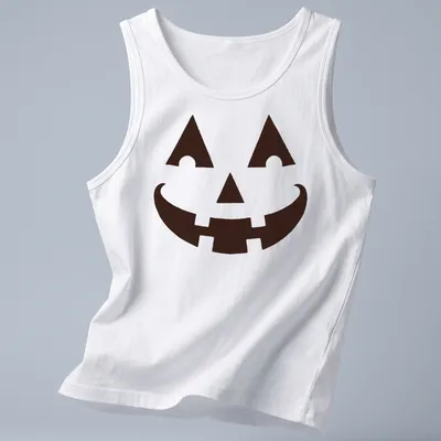 Simple graphic of a happy pumpkin face on a black t-shirt for Halloween — printed on a tank top