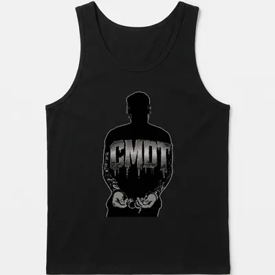 Urban streetwear t-shirt featuring a handcuffed silhouette and CMDT text in black and silver — printed on a tank top