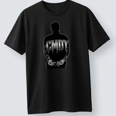 Urban streetwear t-shirt featuring a handcuffed silhouette and CMDT text in black and silver — printed on a unisex t-shirt