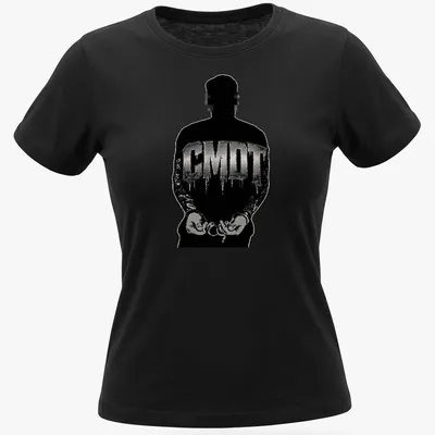 Urban streetwear t-shirt featuring a handcuffed silhouette and CMDT text in black and silver — printed on a women's shirt