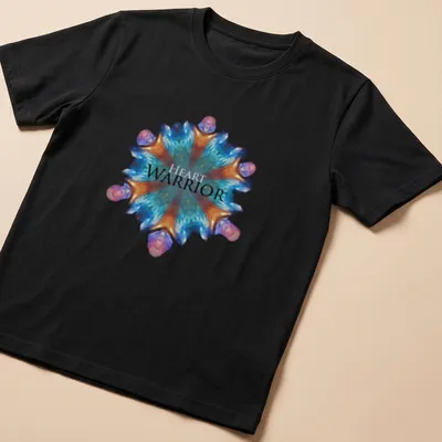 Colorful mandala-inspired Heart Warrior t-shirt with vibrant abstract design