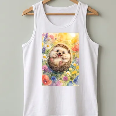 Watercolor print of a cute hedgehog among colorful flowers — printed on a tank top