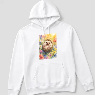 Watercolor print of a cute hedgehog among colorful flowers — printed on a unisex hoodie