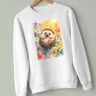 Watercolor print of a cute hedgehog among colorful flowers — printed on a unisex sweatshirt