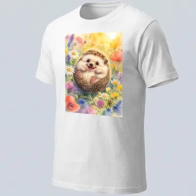 Watercolor print of a cute hedgehog among colorful flowers — printed on a unisex t-shirt