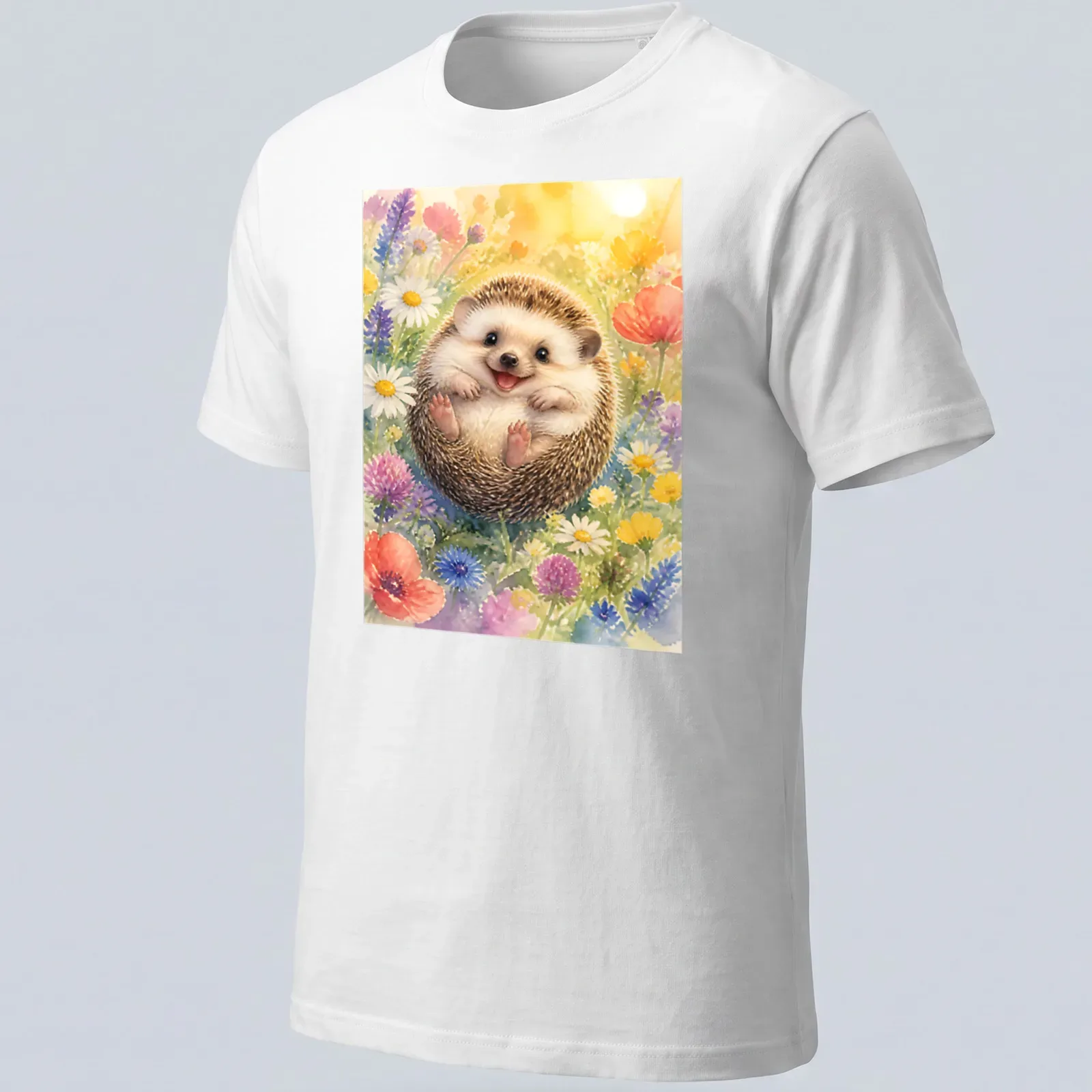 Watercolor print of a cute hedgehog among colorful flowers — printed on a unisex t-shirt