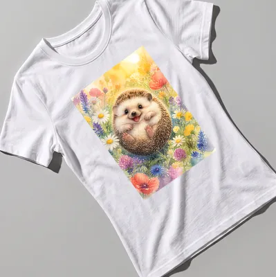 Watercolor print of a cute hedgehog among colorful flowers — printed on a women's shirt