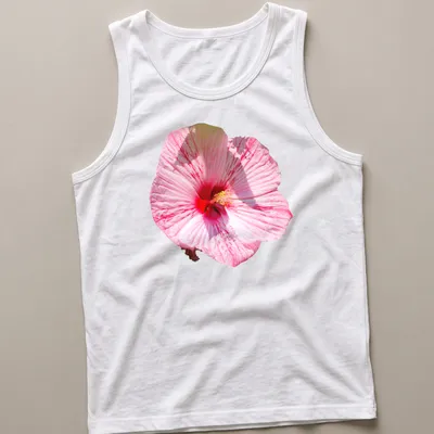 Realistic printed hibiscus flower design in pink, red, and white colors — printed on a tank top