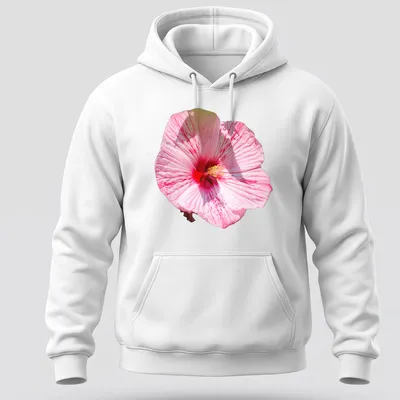 Realistic printed hibiscus flower design in pink, red, and white colors — printed on a unisex hoodie