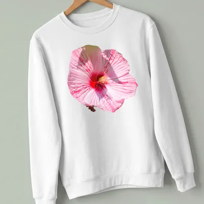 Realistic printed hibiscus flower design in pink, red, and white colors — printed on a unisex sweatshirt