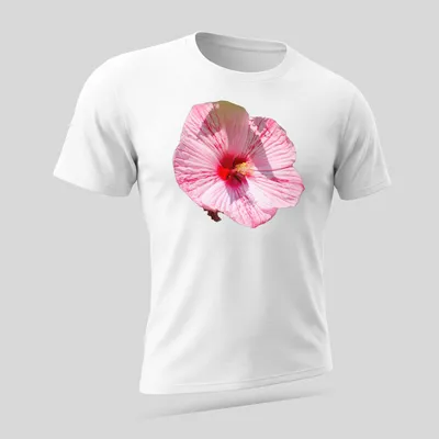 Realistic printed hibiscus flower design in pink, red, and white colors — printed on a unisex t-shirt (angled view)