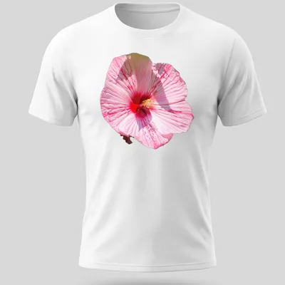 Realistic printed hibiscus flower design in pink, red, and white colors