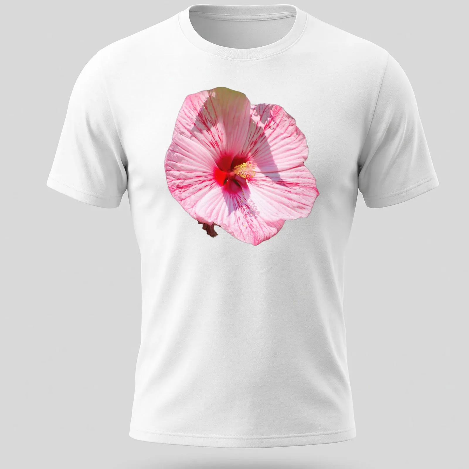 Realistic printed hibiscus flower design in pink, red, and white colors — printed on a unisex t-shirt