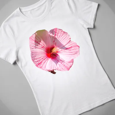 Realistic printed hibiscus flower design in pink, red, and white colors — printed on a women's shirt