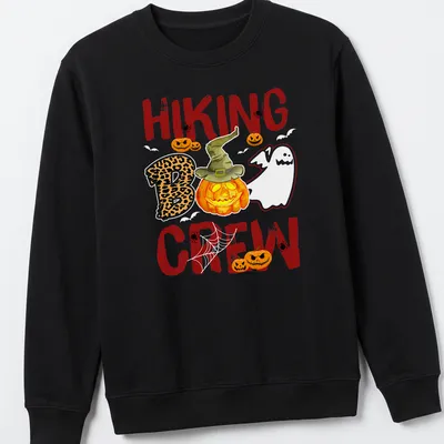 Playful cartoon design of a pumpkin and ghost for Halloween — printed on a unisex sweatshirt