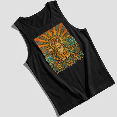 Retro 70s Hippie Cat with sunglasses and a peace sign in vibrant colors — printed on a tank top