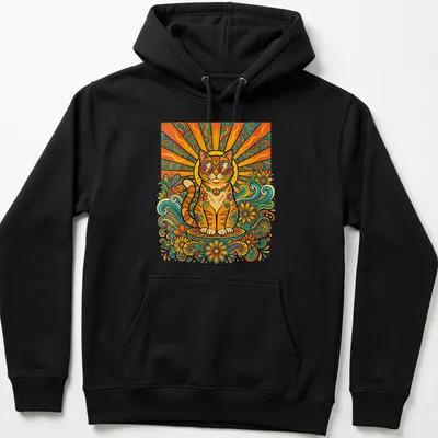Retro 70s Hippie Cat with sunglasses and a peace sign in vibrant colors — printed on a unisex hoodie