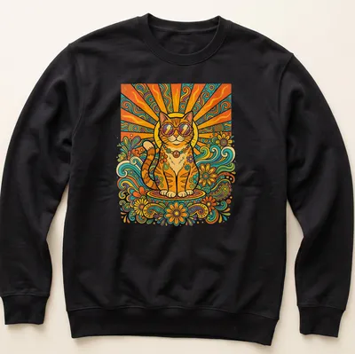 Retro 70s Hippie Cat with sunglasses and a peace sign in vibrant colors — printed on a unisex sweatshirt