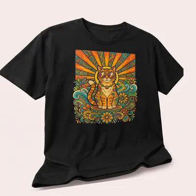 Retro 70s Hippie Cat with sunglasses and a peace sign in vibrant colors — printed on a unisex t-shirt (angled view)