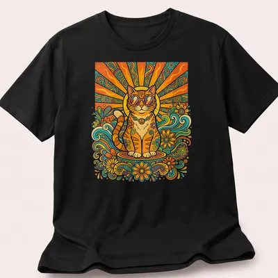 Retro 70s Hippie Cat with sunglasses and a peace sign in vibrant colors — printed on a unisex t-shirt