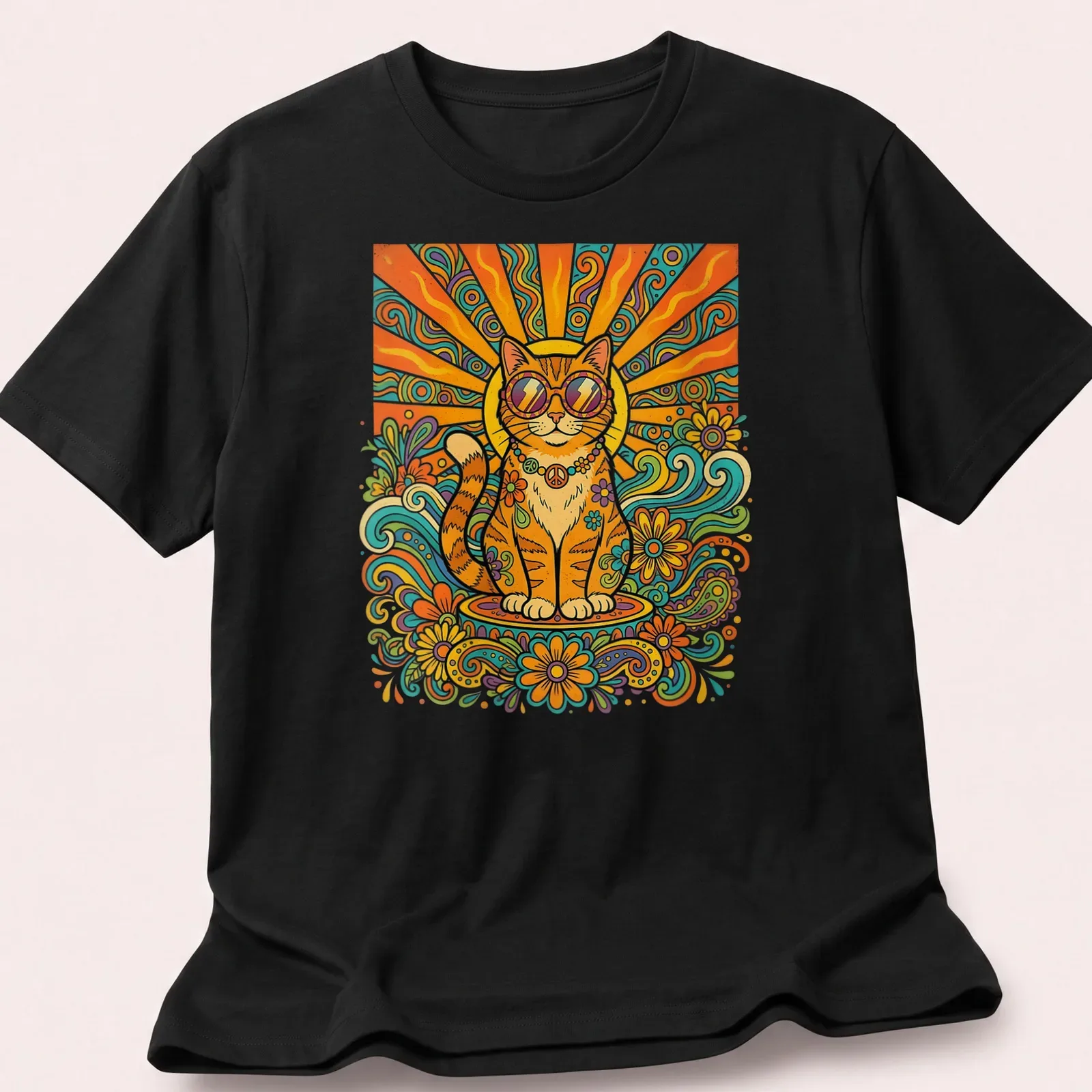 Retro 70s Hippie Cat with sunglasses and a peace sign in vibrant colors — printed on a unisex t-shirt