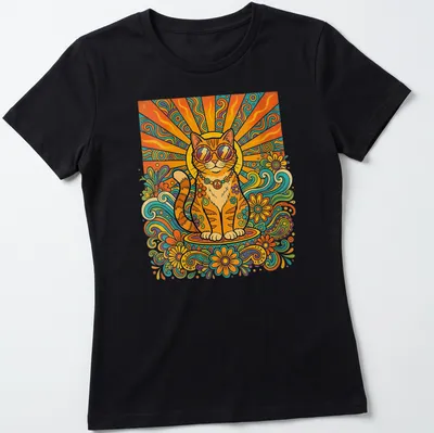 Retro 70s Hippie Cat with sunglasses and a peace sign in vibrant colors — printed on a women's shirt