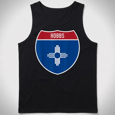 Hobbs New Mexico highway sign t-shirt in shield design with blue, red, and white colors — printed on a tank top