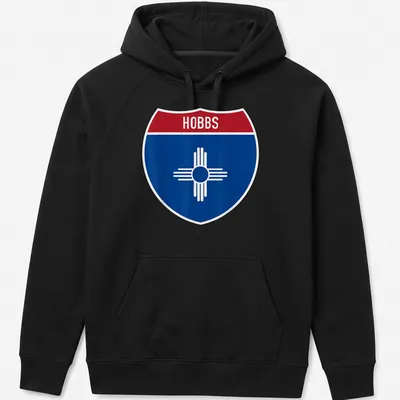 Hobbs New Mexico highway sign t-shirt in shield design with blue, red, and white colors — printed on a unisex hoodie
