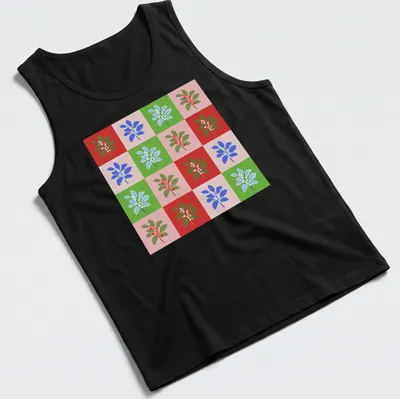 Colorful grid pattern featuring holly leaves and berries for Christmas — printed on a tank top