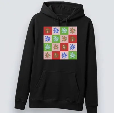 Colorful grid pattern featuring holly leaves and berries for Christmas — printed on a unisex hoodie