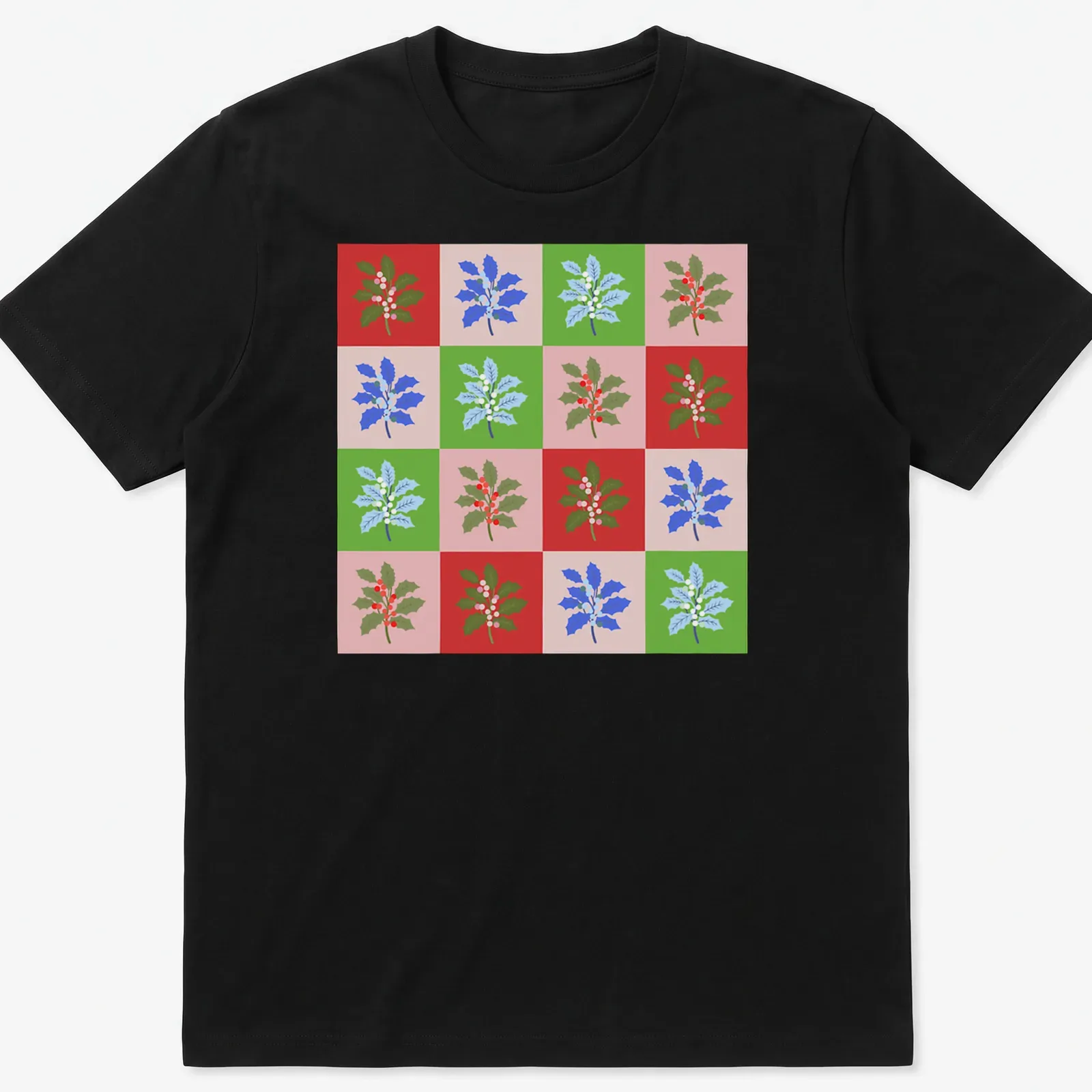 Colorful grid pattern featuring holly leaves and berries for Christmas — printed on a unisex t-shirt