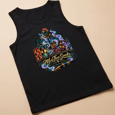 Vibrant illustrative Hookah t-shirt with colorful text and hookah imagery — printed on a tank top